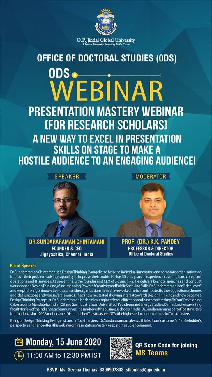 Presentation Mastery Webinar flyer - O.P. Jindal Global University Office of Doctoral Studies