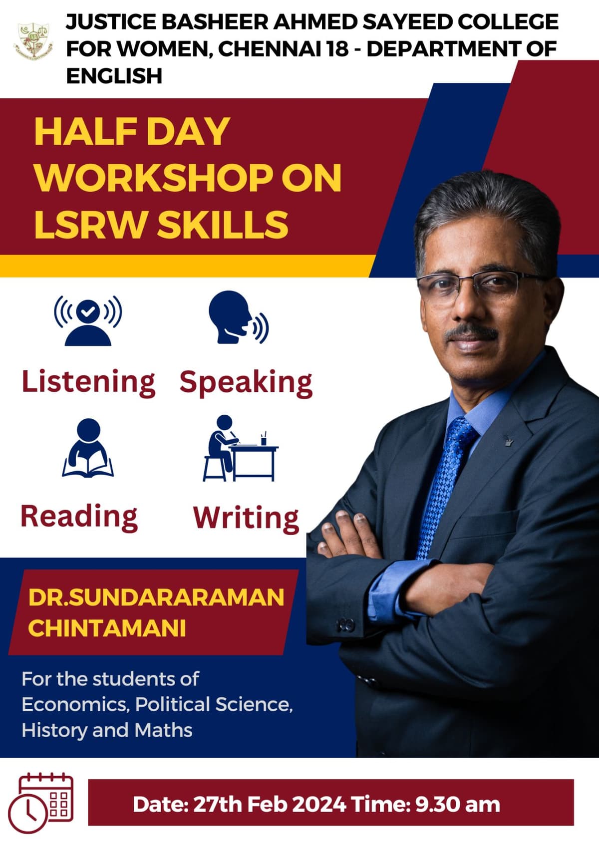 JBAS College for Women LSRW Skills Workshop flyer featuring Dr. Sundararaman Chintamani, February 27, 2024, Department of English
