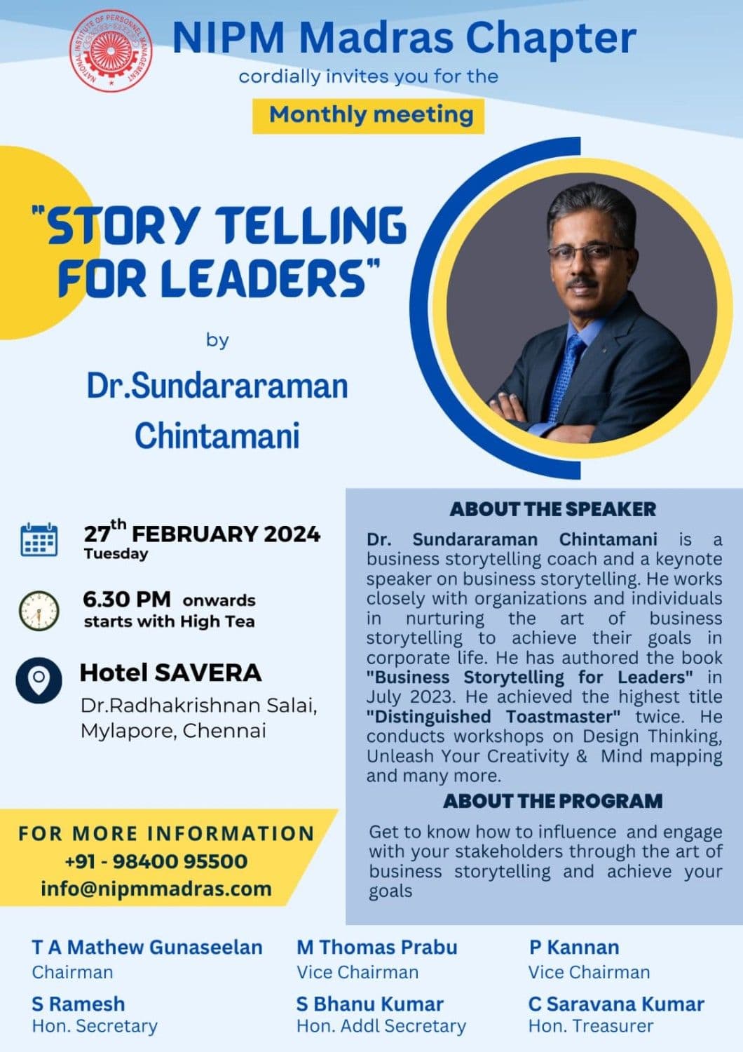 NIPM Madras Chapter event poster - Story Telling for Leaders by Dr. Sundararaman Chintamani, February 27, 2024 at Hotel Savera Chennai