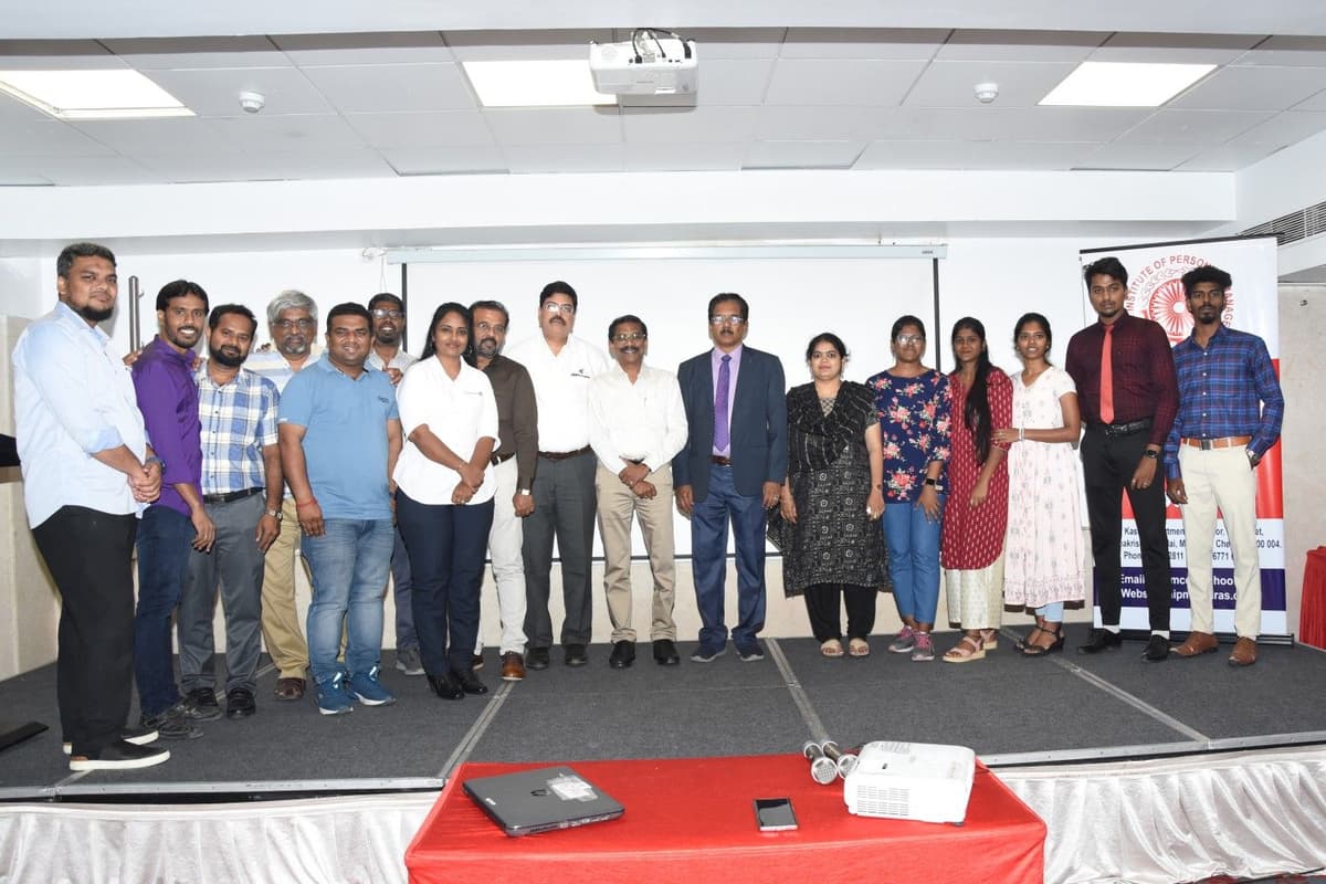 Full group photo of NIPM Madras Chapter members with Dr. Sundararaman Chintamani after Storytelling for Leaders session