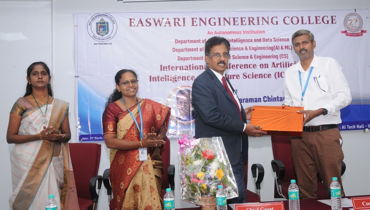 Dr. Sundararaman Chintamani receiving felicitation as Chief Guest at ICAIFS'24, Easwari Engineering College