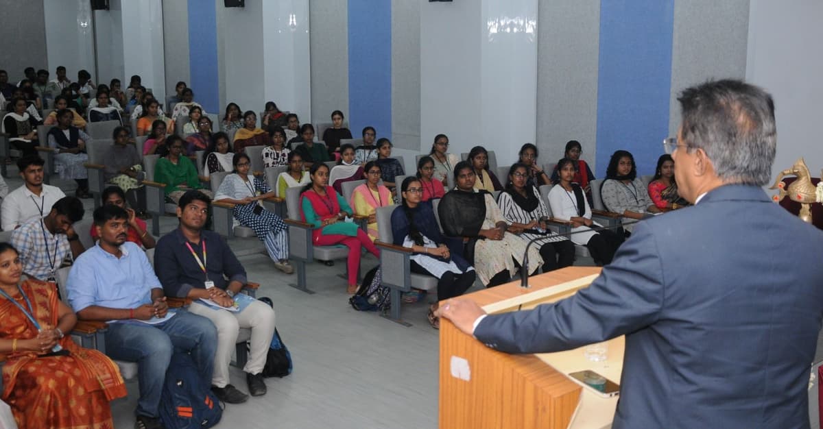 Packed auditorium of students listening to keynote address at ICAIFS'24, Easwari Engineering College