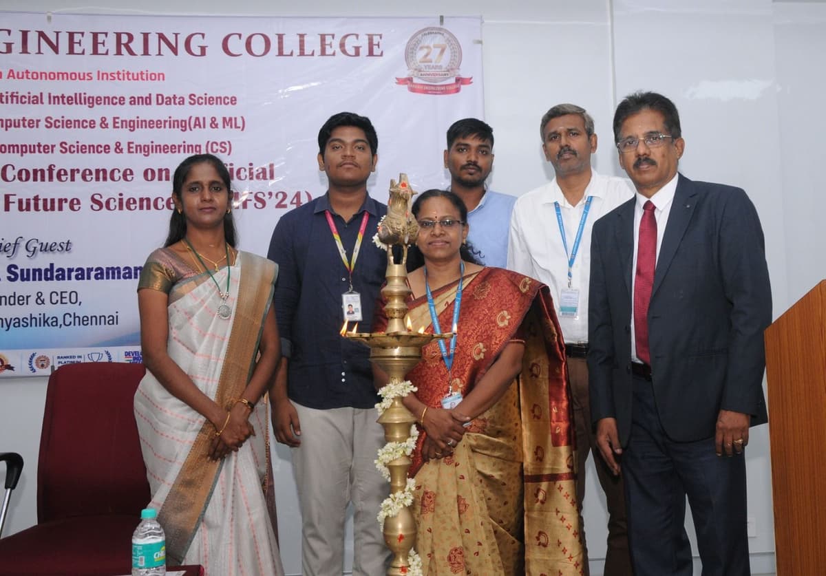 Lamp lighting ceremony with faculty and student organizers at ICAIFS'24, Easwari Engineering College
