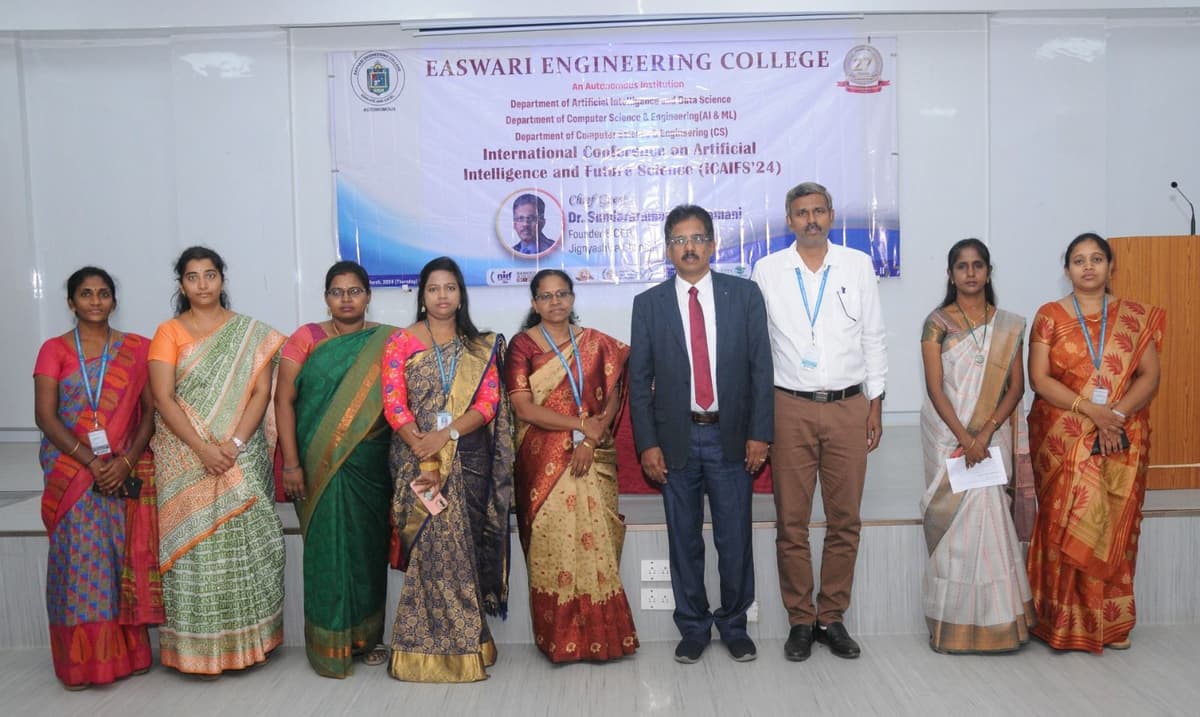 Group photo with ICAIFS'24 banner at Easwari Engineering College, SRM Group, Chennai