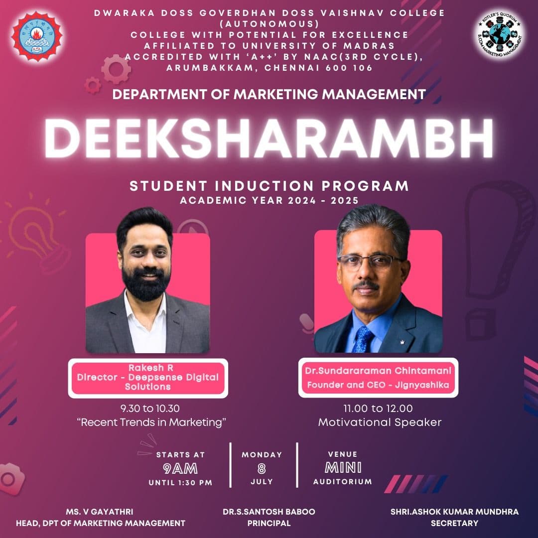 Deeksharambh Student Induction Program poster - DG Vaishnav College Department of Marketing Management