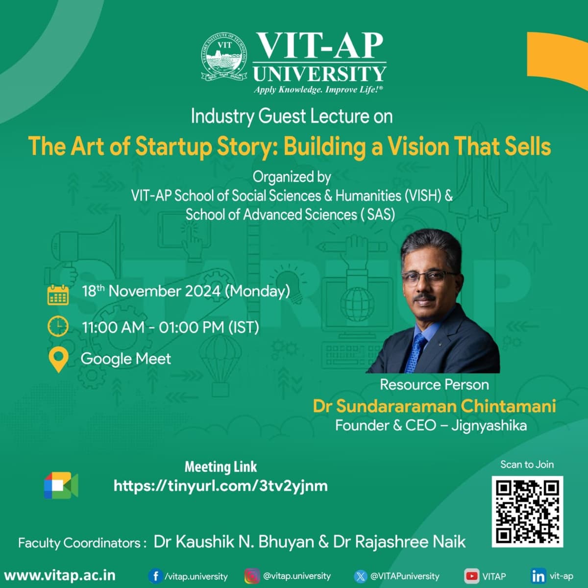 VIT-AP University event flyer for The Art of Startup Story guest lecture by Dr. Sundararaman Chintamani