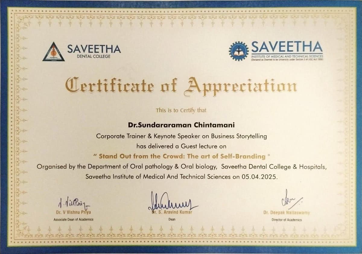 Certificate of Appreciation from Saveetha Dental College
