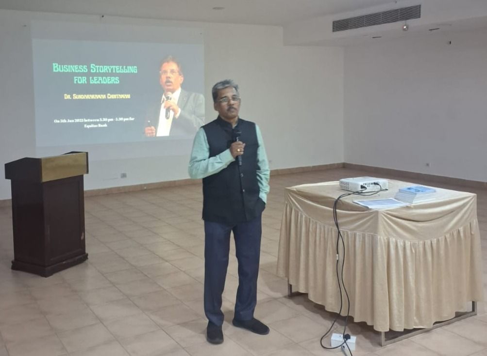 Dr. Sundararaman presenting Business Storytelling for Leaders at Equitas Bank, Chariot Beach Resort