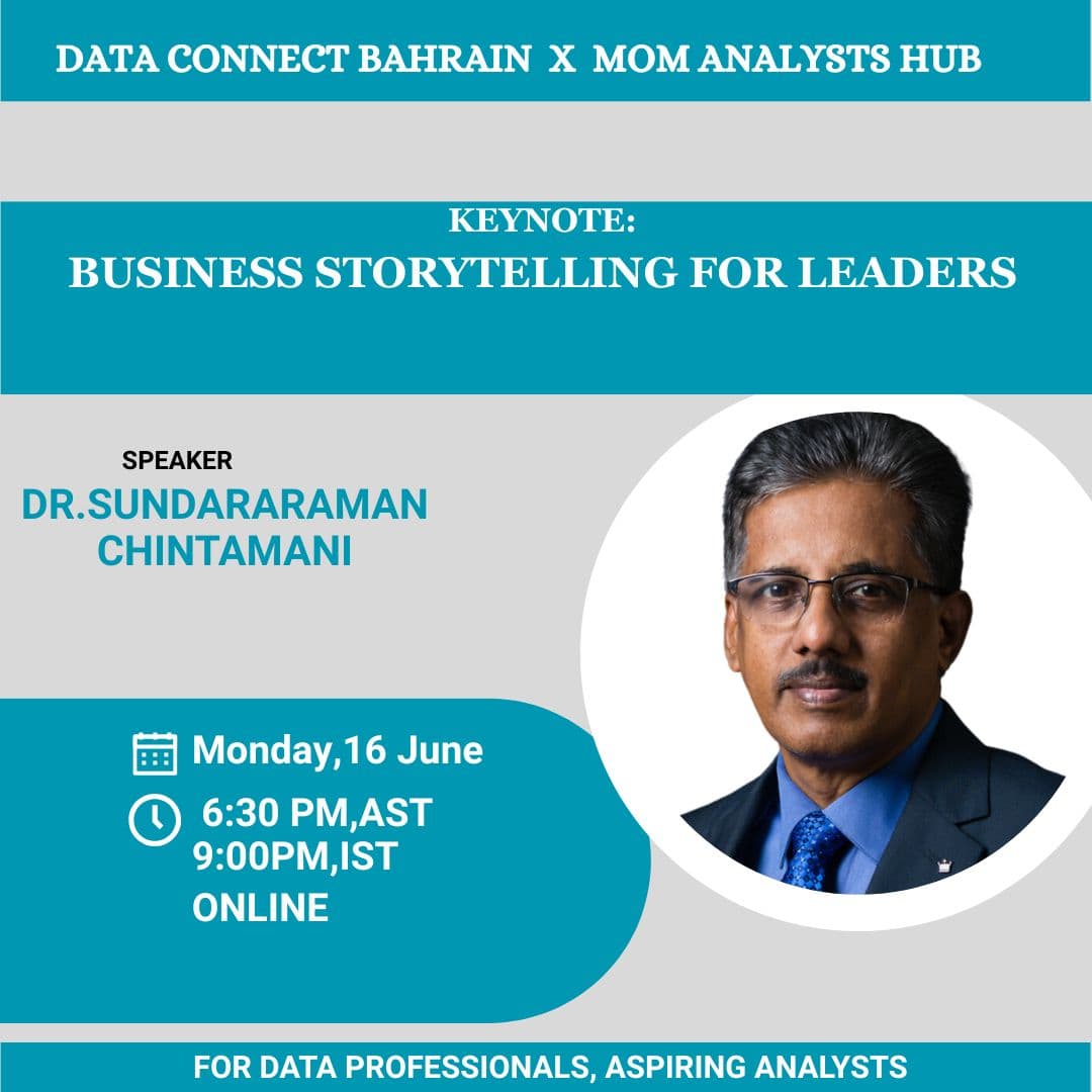 Business Storytelling for Leaders keynote flyer - DataConnect Bahrain x Mom Analysts Hub