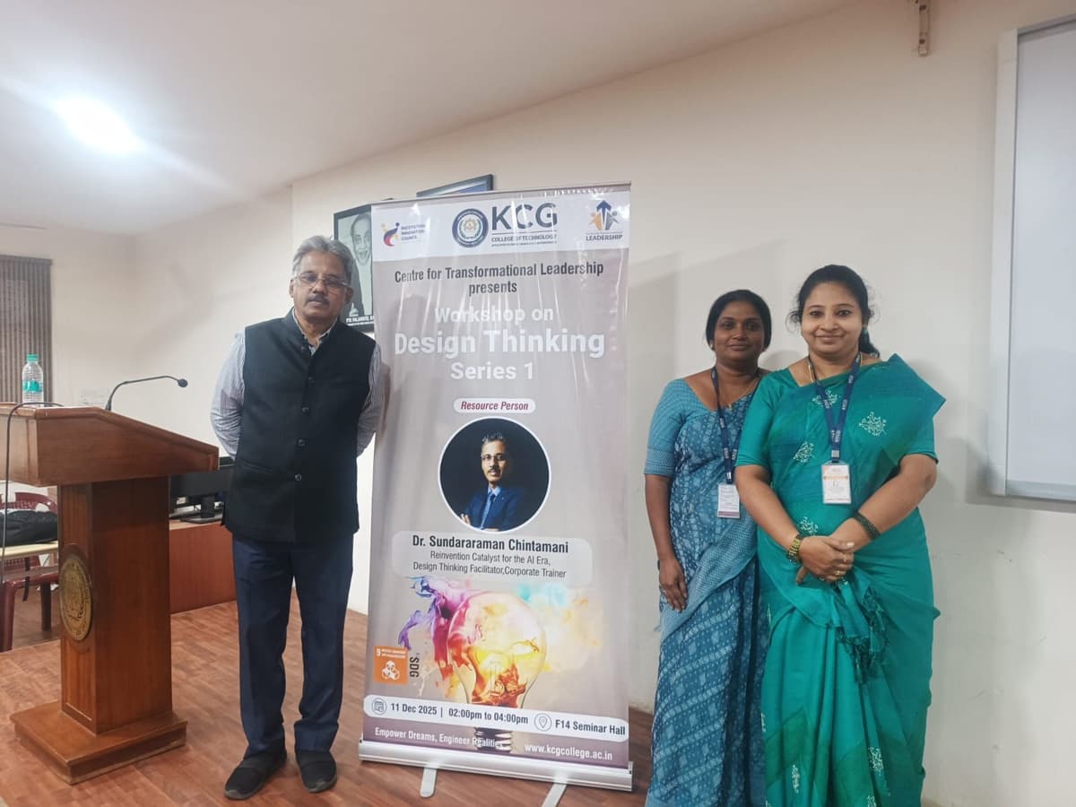 Dr. Sundararaman with faculty next to Design Thinking Series 1 standee at KCG