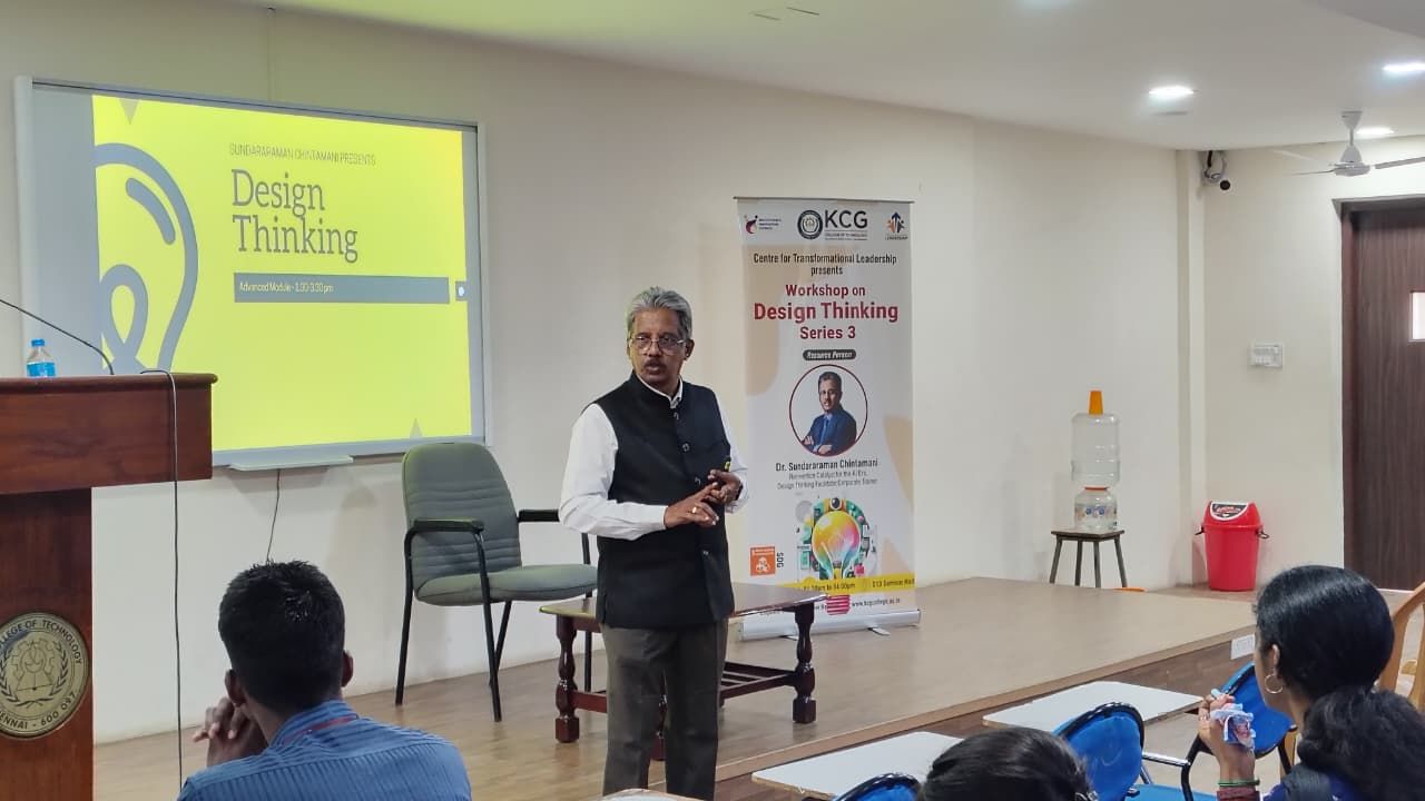 Dr. Sundararaman presenting with title slide at KCG Design Thinking