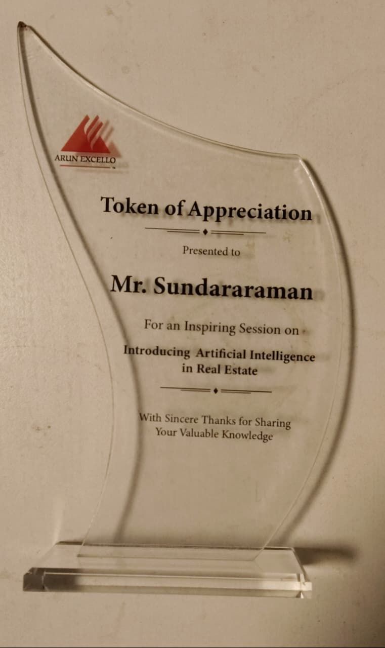 Token of Appreciation from Arun Excello Group for Introducing Artificial Intelligence in Real Estate session