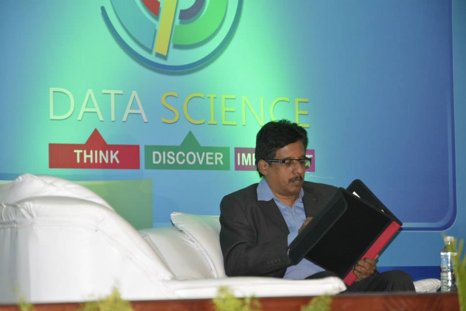 Dr. Sundararaman with Data Science Think Discover Implement backdrop at SRM University
