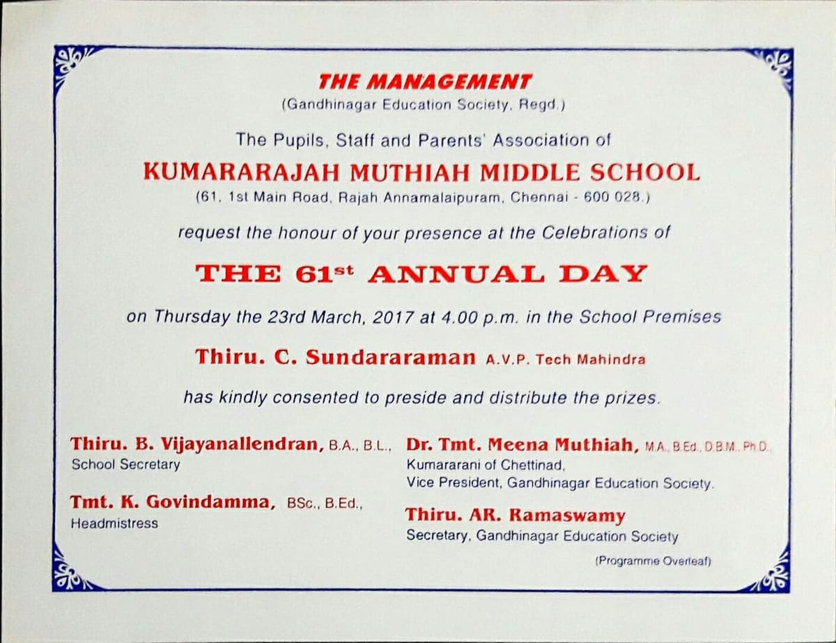 Invitation card for 61st Annual Day at Kumararajah Muthiah Middle School Chennai Mar 2017