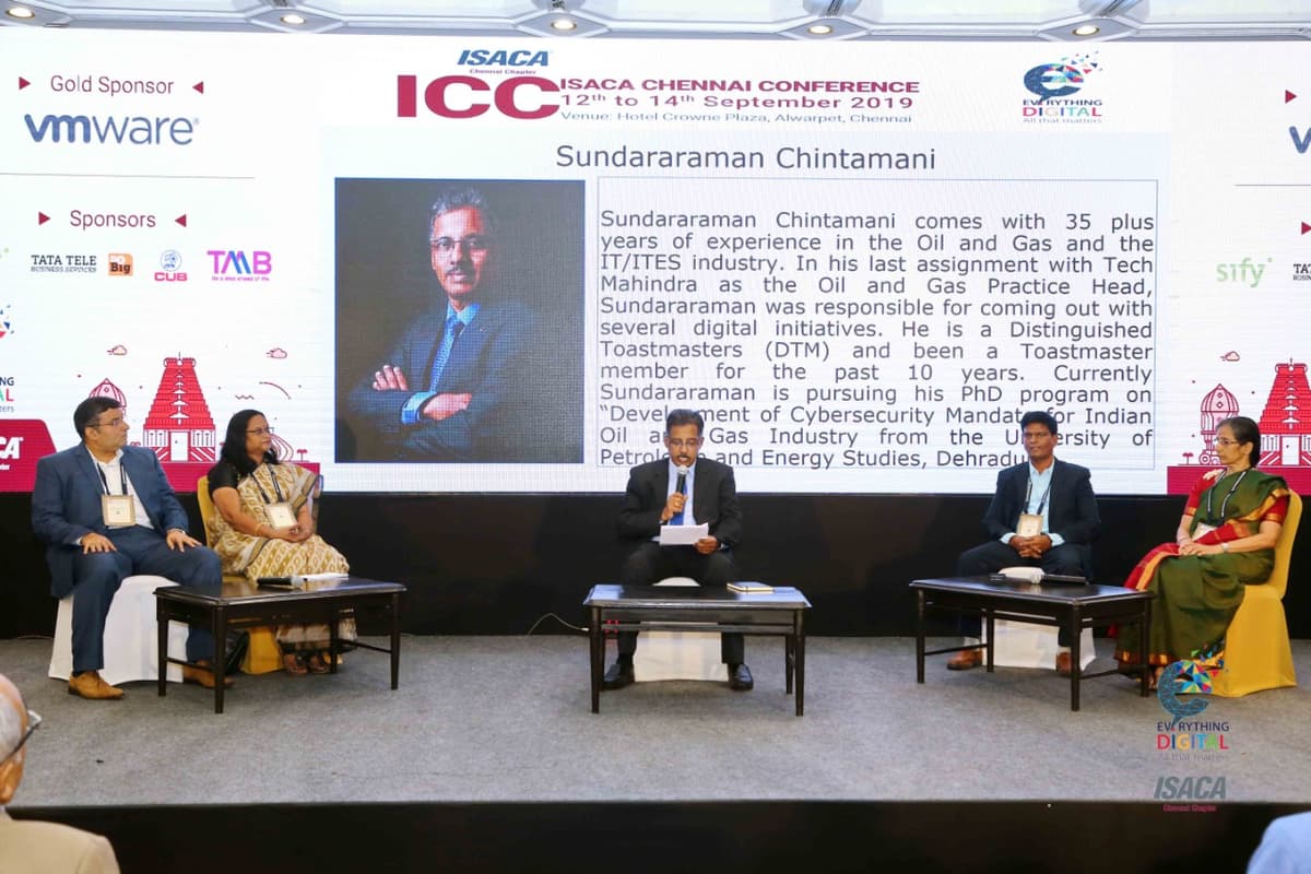 Dr. Sundararaman moderating Digital Risk Perspectives panel at ISACA Chennai Conference 2019