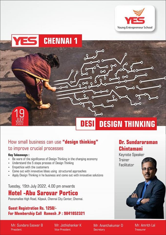 Desi Design Thinking flyer - Young Entrepreneur School Chennai Chapter