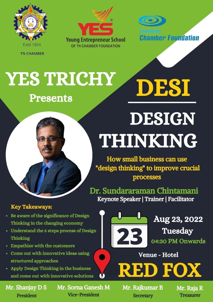 Desi Design Thinking flyer - Young Entrepreneur School Trichy Chapter at Hotel Red Fox