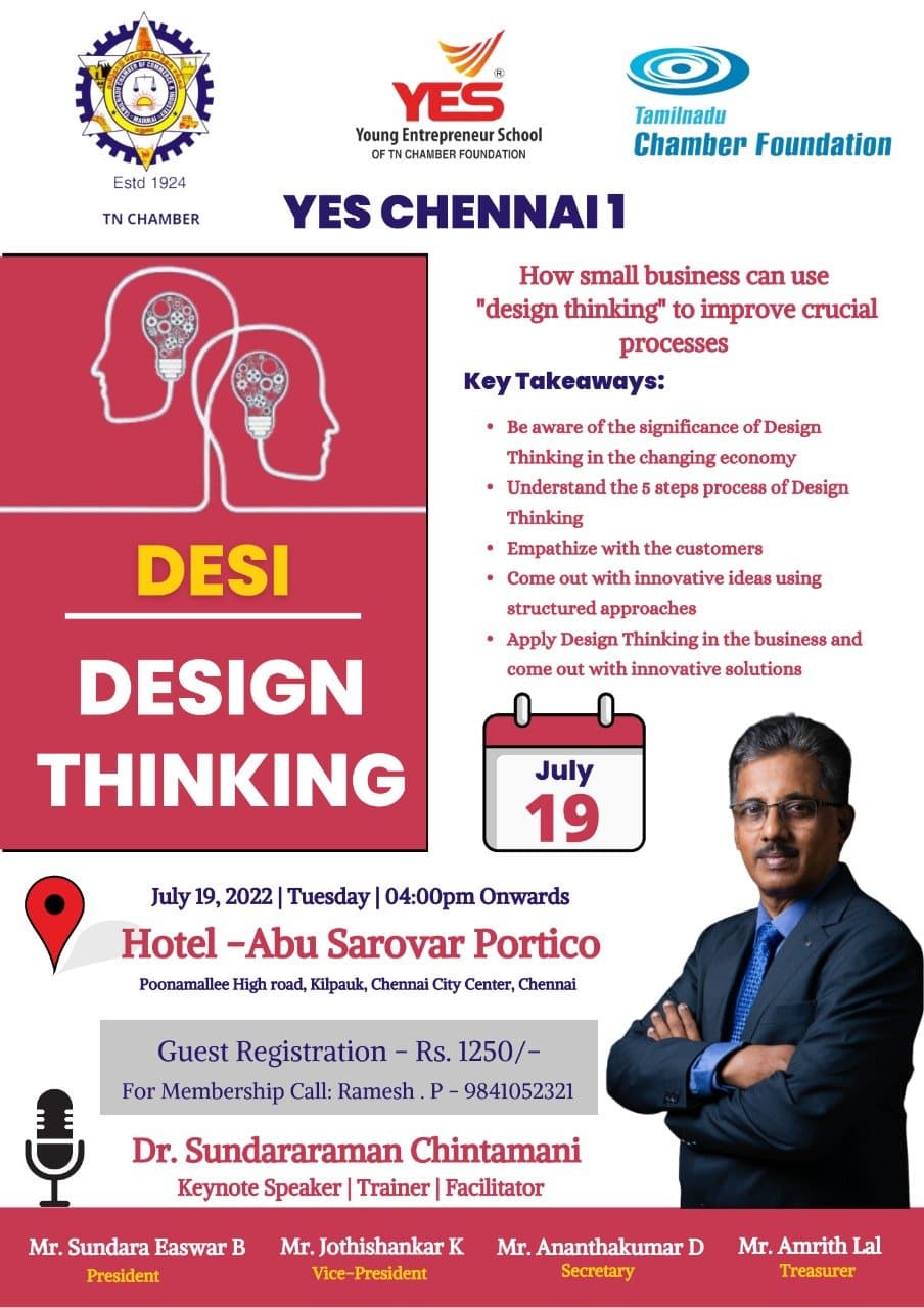 Desi Design Thinking event poster - YES Chennai 1 at Hotel Abu Sarovar Portico Jul 19 2022
