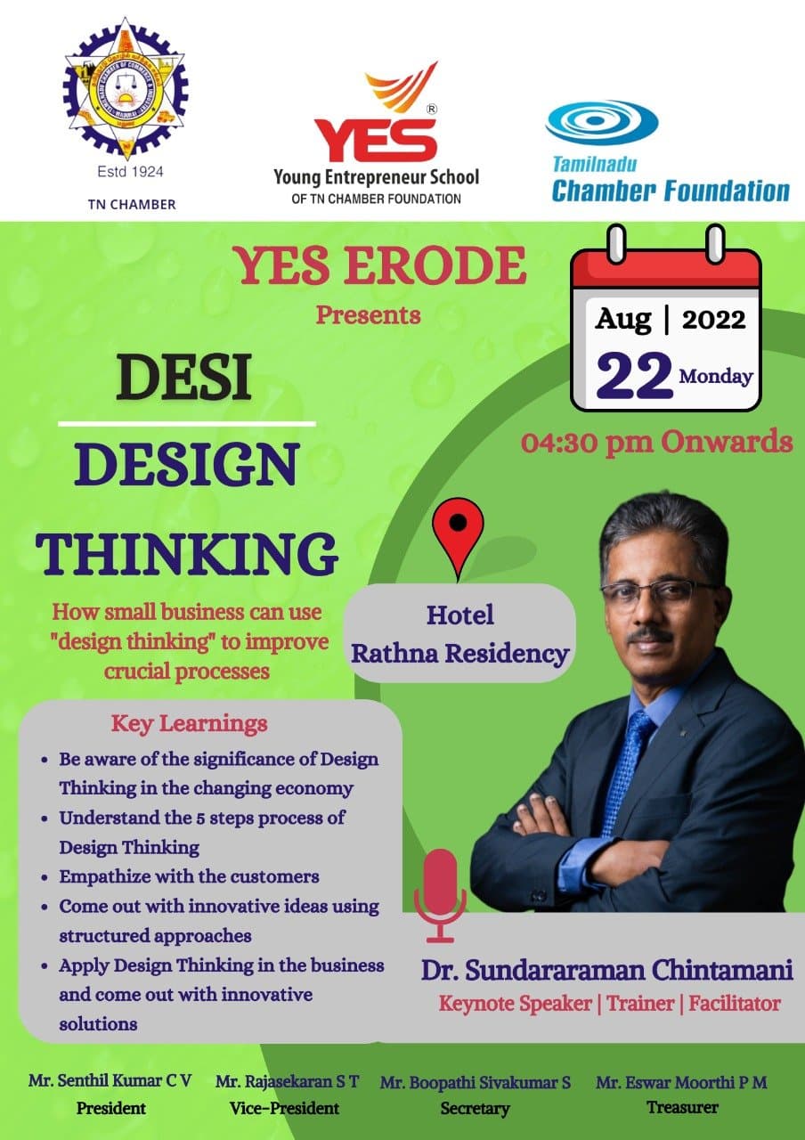 Desi Design Thinking event poster - YES Erode at Hotel Rathna Residency Aug 22 2022