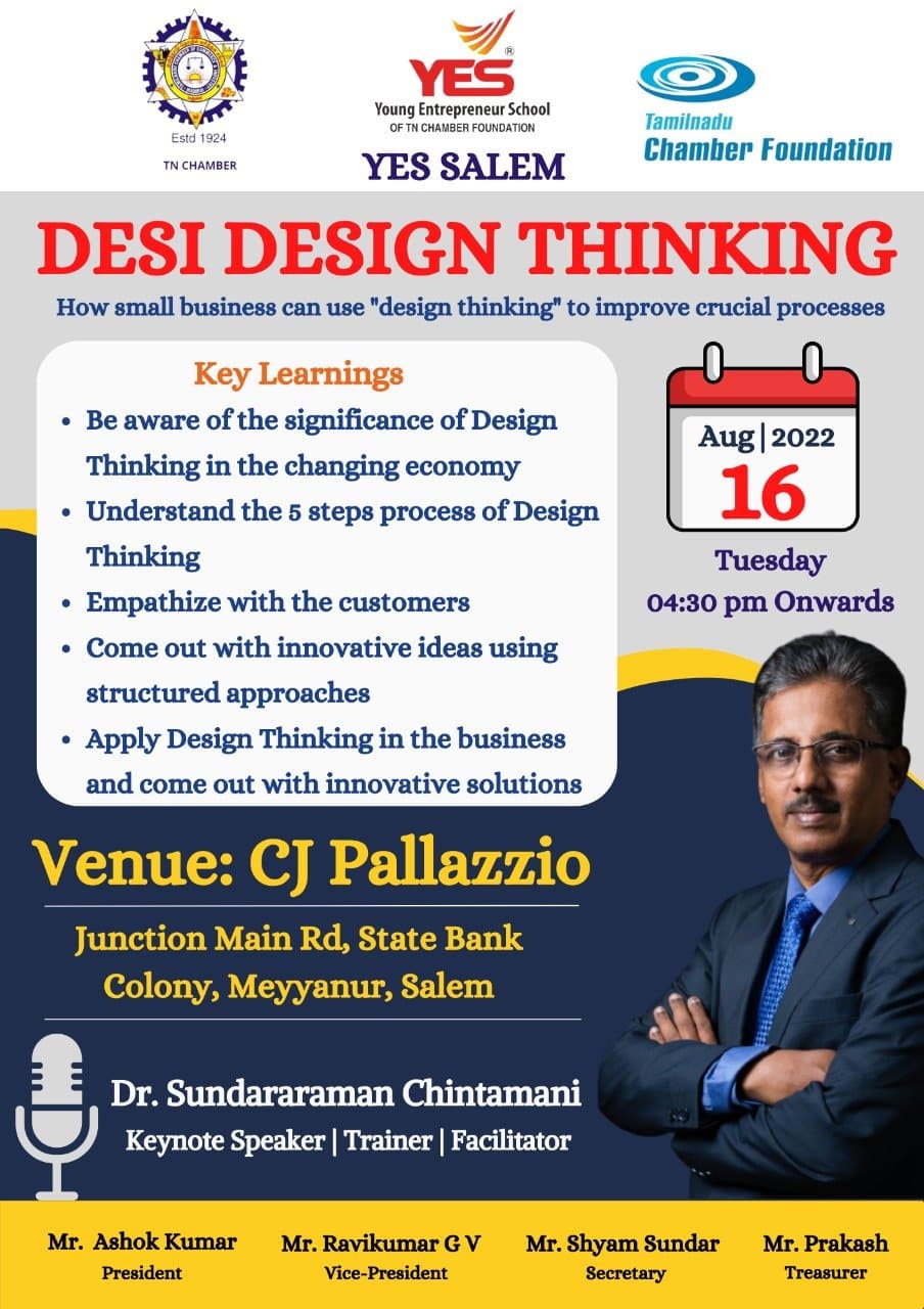 Desi Design Thinking flyer - Young Entrepreneur School Salem Chapter at CJ Pallazzio
