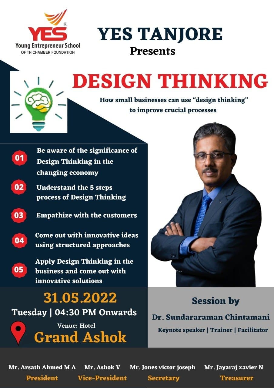 Design Thinking event poster - YES Tanjore at Hotel Grand Ashok May 31 2022