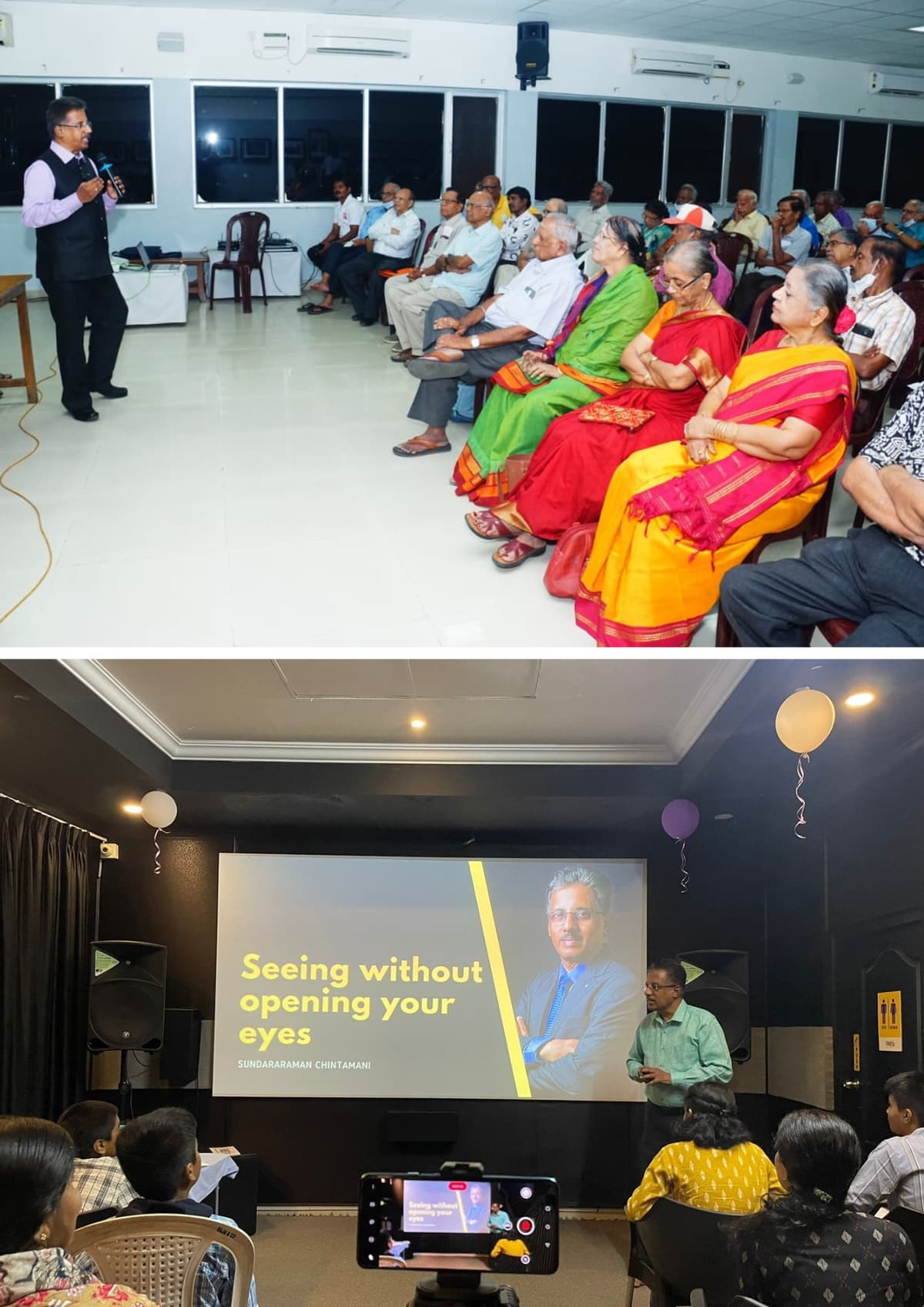 Dr. Sundararaman addressing senior citizens at Probus Club meeting, and presenting Seeing Without Opening Your Eyes at Medley Gavel Club for children