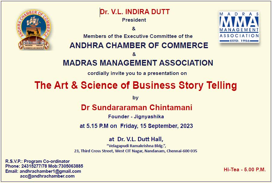 Invitation flyer for The Art and Science of Business Storytelling by Dr Sundararaman Chintamani at MMA and Andhra Chamber of Commerce