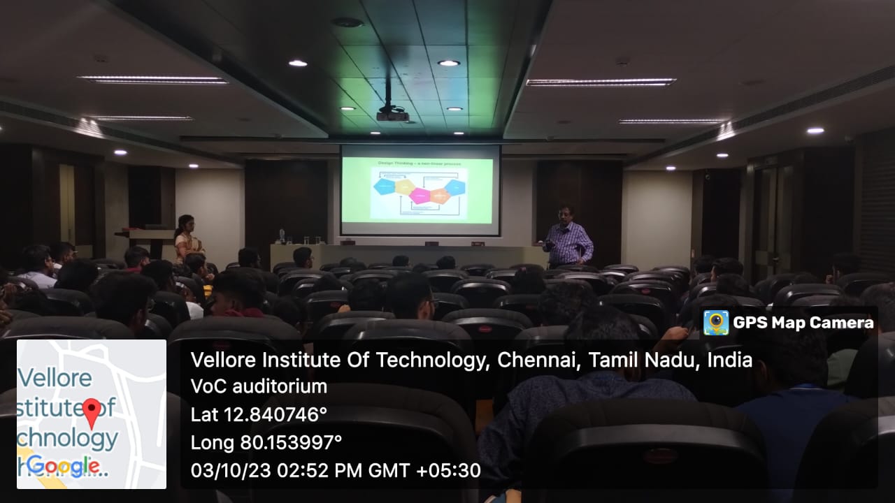 Wide view of VoC Auditorium at VIT Chennai with full audience during Design Thinking workshop