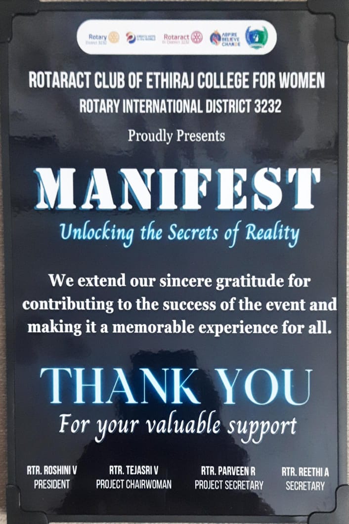 Thank you certificate from Rotaract Club of Ethiraj College for MANIFEST event