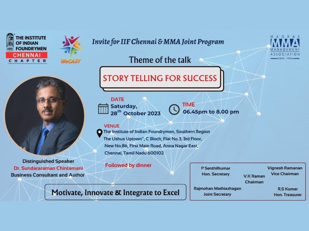 Invitation flyer for Storytelling for Success at IIF Chennai and MMA Joint Program