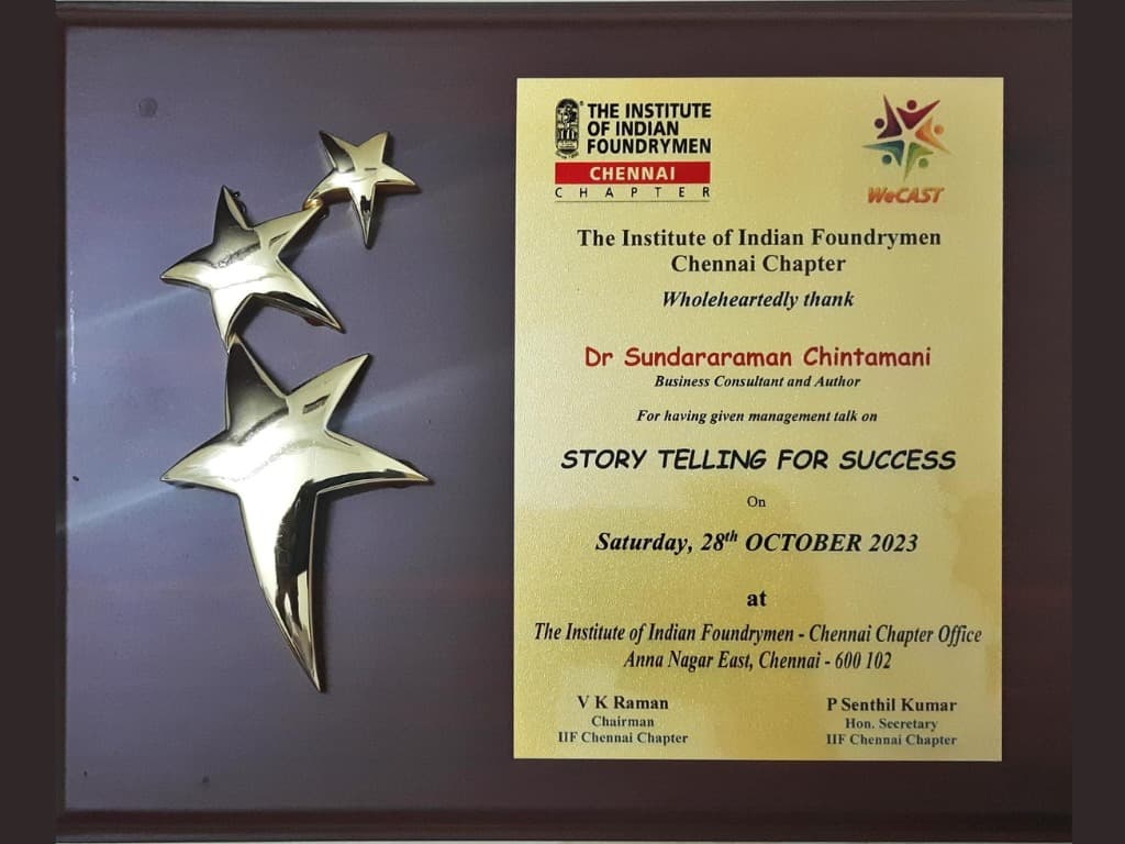 Thank you plaque from The Institute of Indian Foundrymen Chennai Chapter for Storytelling for Success