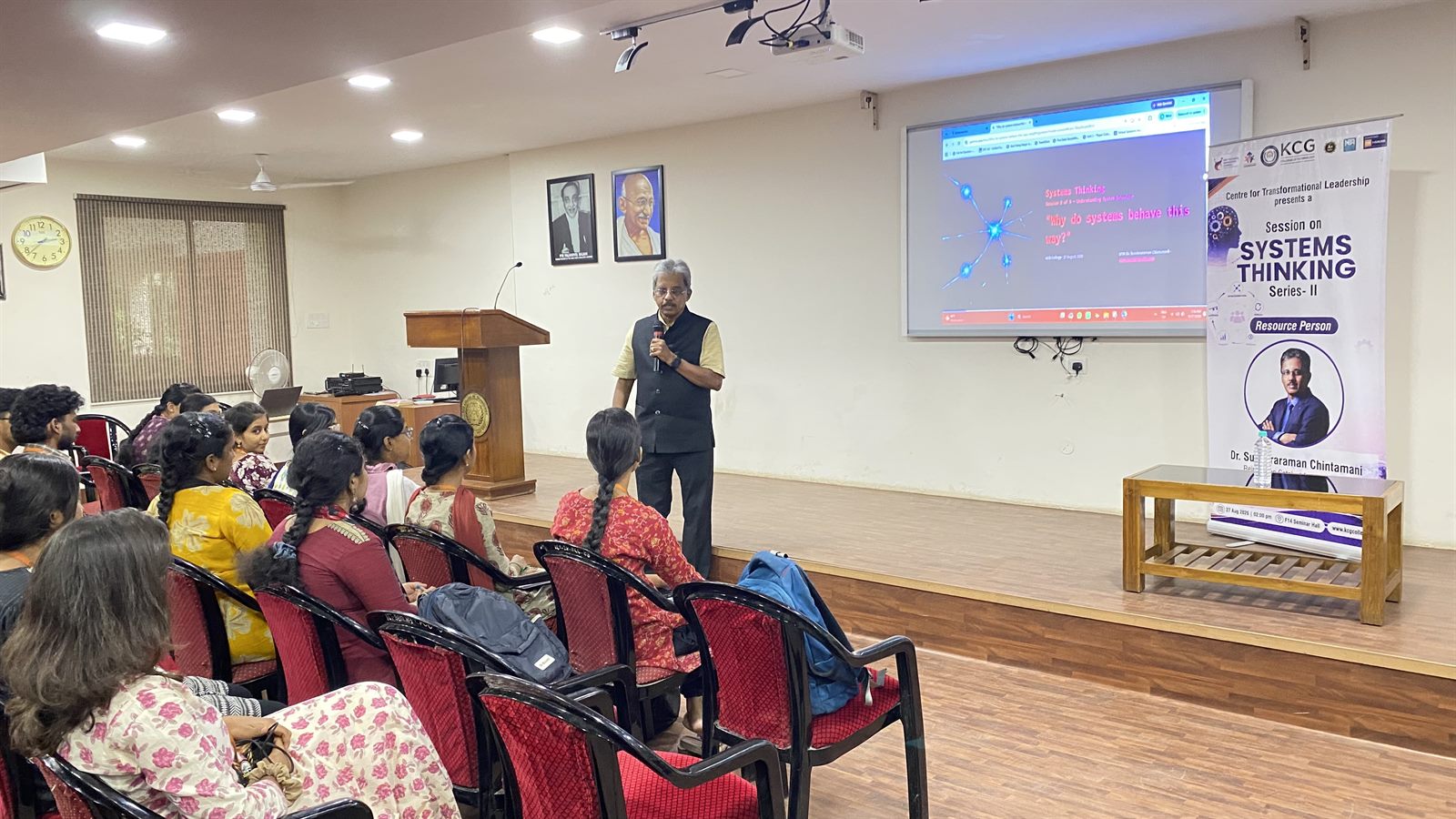 Dr. Sundararaman Chintamani opening Systems Thinking Series II with the question Why do systems behave this way at KCG College of Technology