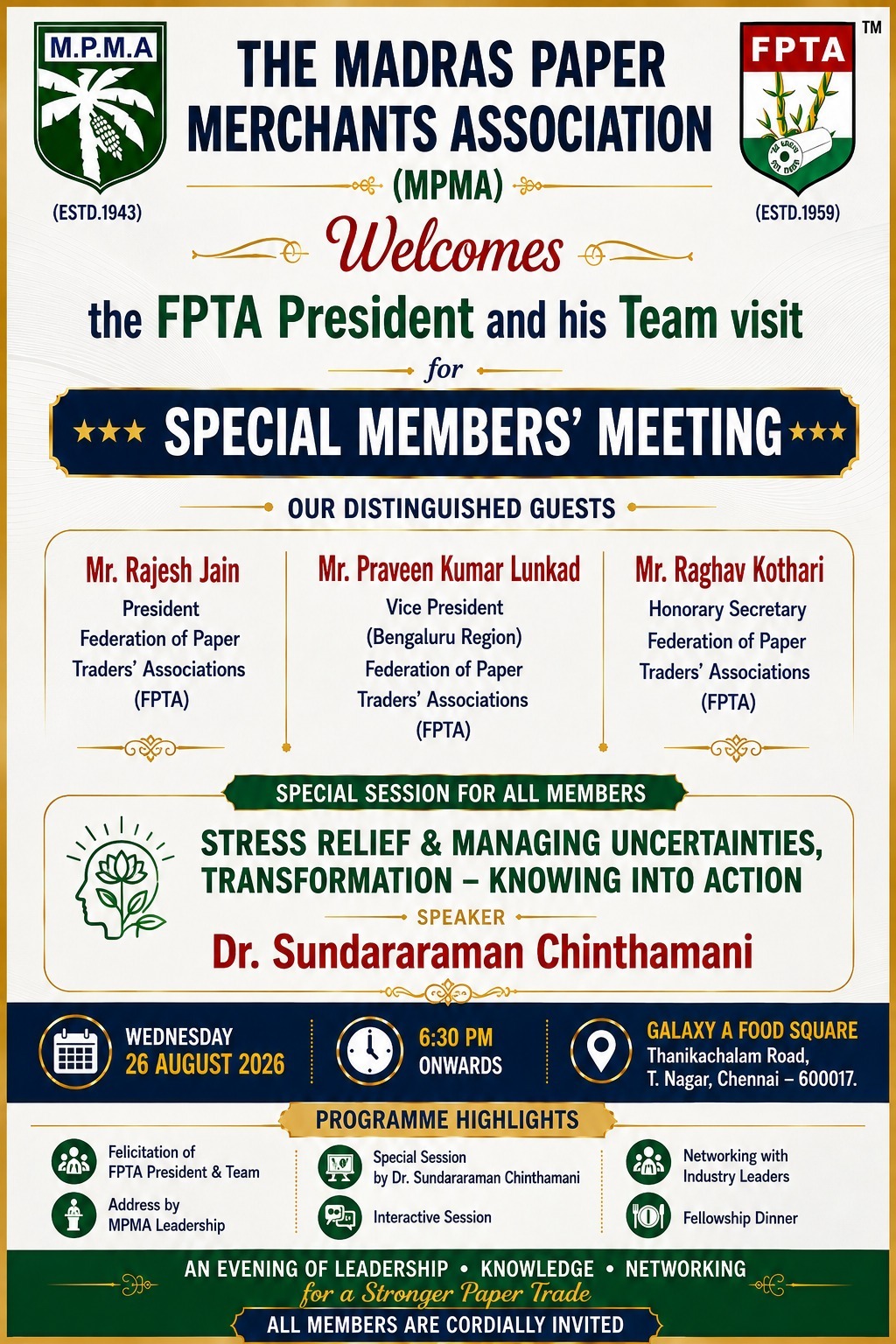 Madras Paper Merchants Association Special Members Meeting invitation - Stress Relief and Managing Uncertainties session, 26 August 2026