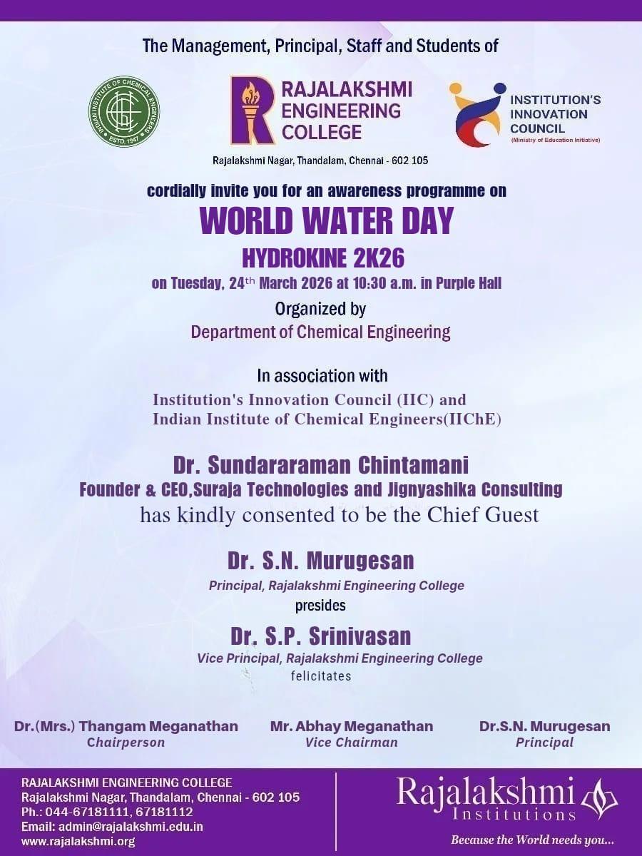 Dr. Sundararaman Chintamani delivering World Water Day keynote at Rajalakshmi Engineering College