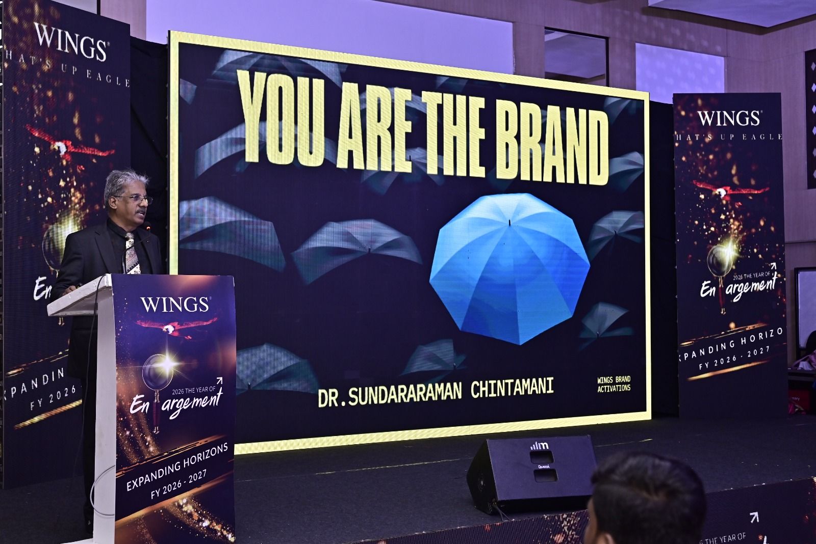 Dr. Sundararaman Chintamani delivering You Are the Brand keynote at Wings Brand Activations annual event